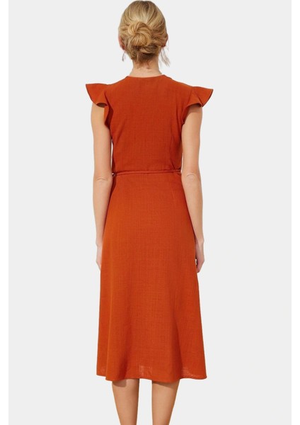 Kısa Kollu Keten Görünümlü Midi Elbise V Yaka Kruvaze Rahat Kalıp Mükemmel Uyum Yüksek Kalite fiyatları