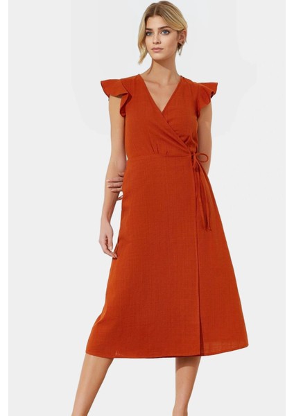 Kısa Kollu Keten Görünümlü Midi Elbise V Yaka Kruvaze Rahat Kalıp Mükemmel Uyum Yüksek Kalite modelleri