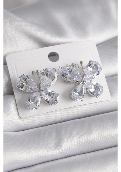 Bfs Pirinç Gümüş Renk Zirkon Taşlı Kelebek Model Kadın Küpe