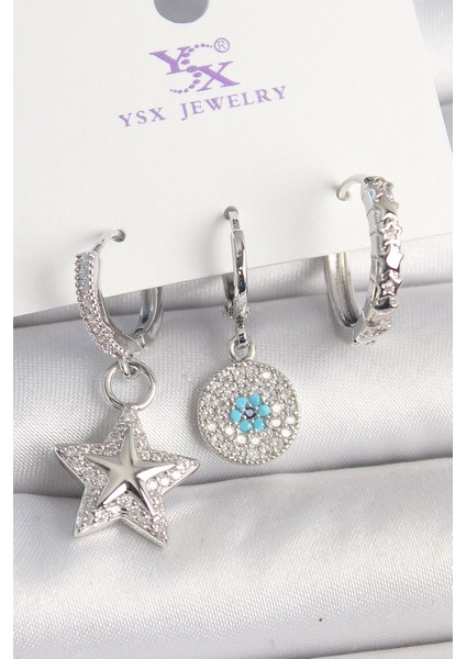 Bfs Pirinç Gold Renk Zirkon Taşlı Yıldız Model Nazar Boncuk Detay 3'lü Kadın Kombin Küpe