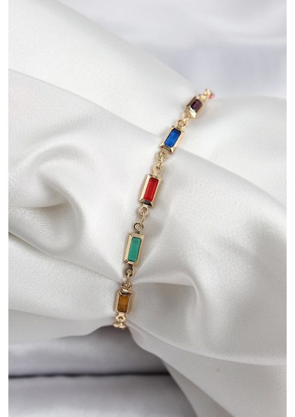 Bfs Pirinç Gold Renk Karışık Renkli Kare Zirkon Taşlı Kadın Bileklik