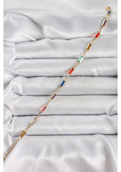 Bfs Pirinç Gold Renk Karışık Renkli Kare Zirkon Taşlı Kadın Bileklik fiyatları