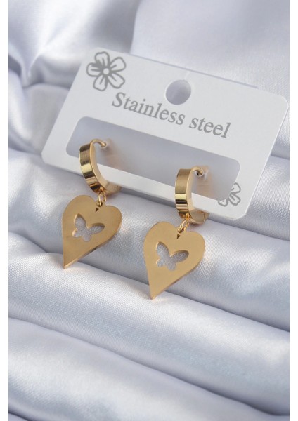 Bfs 316L Çelik Gold Renk Kalp Model Kelebek Işleme Kadın Küpe