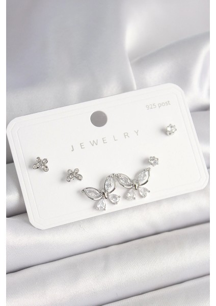 Bfs 925 Ayar Gümüş Çivi Pirinç Gümüş Renk Zirkon Taşlı Kelebek Model Kadın Küpe Seti