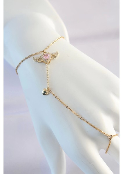 Bfs 316L Çelik Gold Renk Pembe Zirkon Taşlı Kanatlı Kalp Model Şahmeran