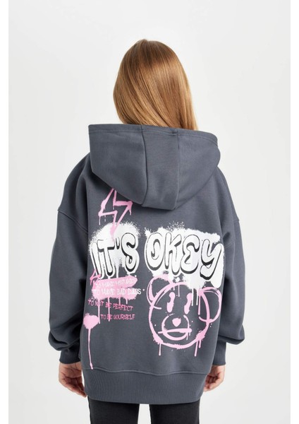 Kız Çocuk Oversize Geniş Kalıp Sırt Baskılı Kapüşonlu Sweatshirt D2881A824WN