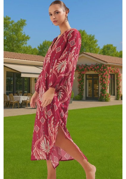 Rahat Pamuklu Maxi Elbise Etnik Desenli Balon Kol Günlük Şık Şık Görünüm Seçkin Malzeme Modern Stil