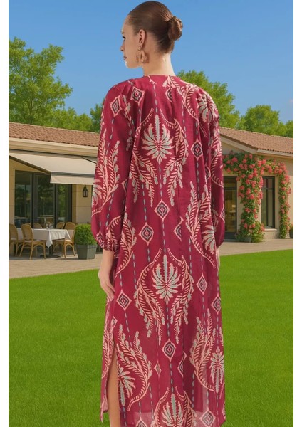 Rahat Pamuklu Maxi Elbise Etnik Desenli Balon Kol Günlük Şık Şık Görünüm Seçkin Malzeme Modern Stil