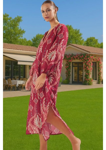 Rahat Pamuklu Maxi Elbise Etnik Desenli Balon Kol Günlük Şık Şık Görünüm Seçkin Malzeme Modern Stil