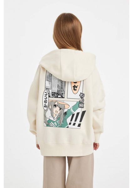 Kız Çocuk Oversize Geniş Kalıp Sırt Baskılı Kapüşonlu Sweatshirt D2881A824WN