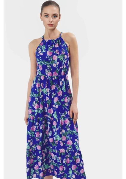 Çiçek Desenli Maxi Elbise Rahat Şık Polyester Skater Halter Yaka Özenle Seçilmiş Konforlu Kesim