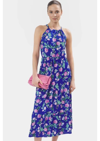 Çiçek Desenli Maxi Elbise Rahat Şık Polyester Skater Halter Yaka Özenle Seçilmiş Konforlu Kesim modelleri