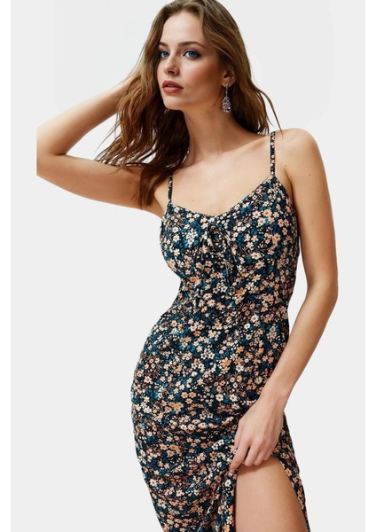 Dokuma Viskoz Çiçekli Midi Elbise A Line Kolsuz Rahat Kesim Yüksek Kalite Kullanım