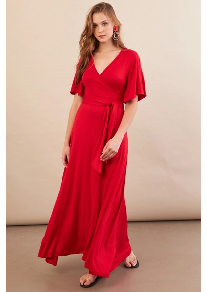Kadın Kırmızı Kruvaze Bağlamalı Maxi Elbise EY3038