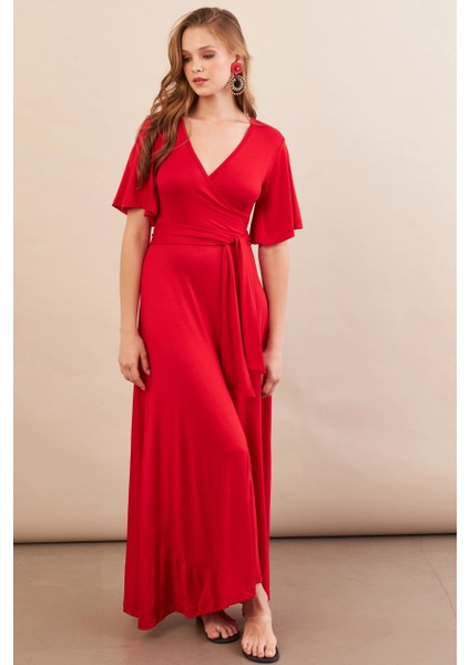 Kadın Kırmızı Kruvaze Bağlamalı Maxi Elbise EY3038 modelleri