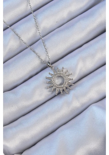Bfs 316L Çelik Zincir Gümüş Renk Zirkon Taşlı Parlayan Güneş Kolye