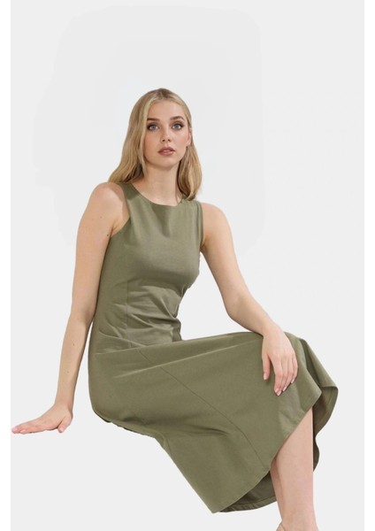 Pamuklu Midi Elbise Kolsuz Skater Bisiklet Yaka Rahat Yazlık Kullanım