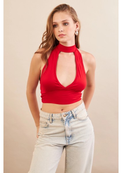 Kadın Kırmızı Sırt Detaylı Pencereli Crop Bluz EY3108 fiyatları