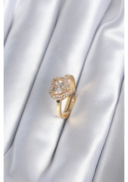 Bfs Pirinç Gold Renk Zirkon Taşlı Kalp Charm Model Kadın Yüzük