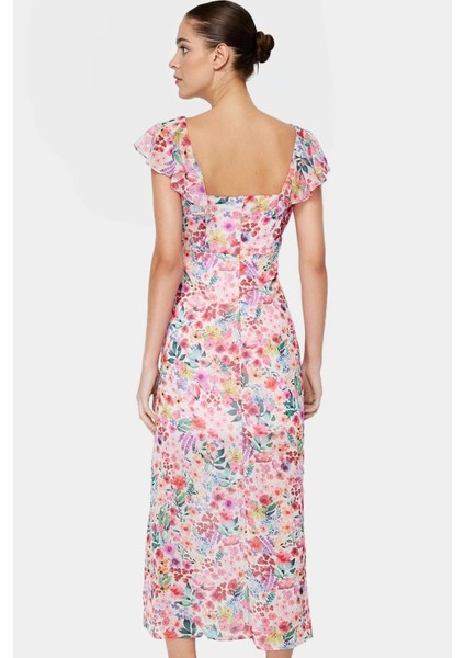 Çiçekli Astarlı Şifon Maxi Elbise Rahat A Kesim ve Kısa Kollar Zarifane Tasarım Özel fiyatları