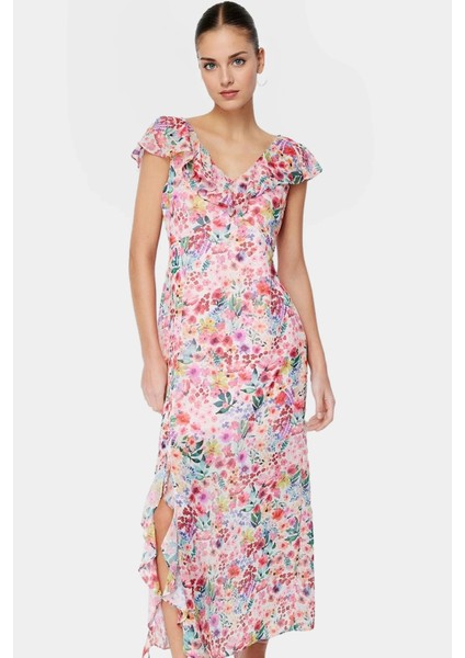 Çiçekli Astarlı Şifon Maxi Elbise Rahat A Kesim ve Kısa Kollar Zarifane Tasarım Özel modelleri