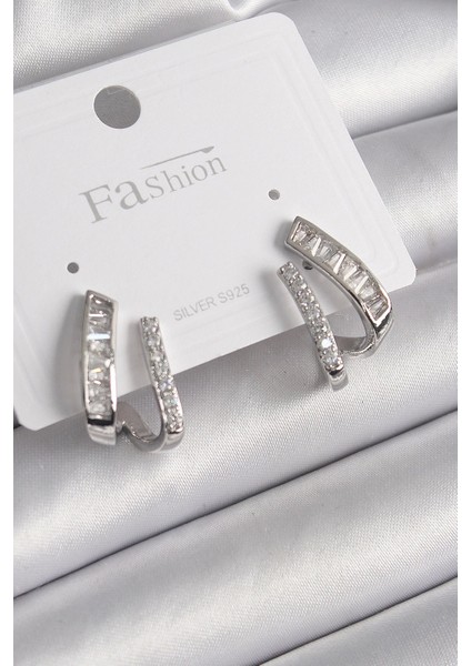 Bfs Pirinç Gümüş Renk Zirkon Taşlı Kadın Küpe