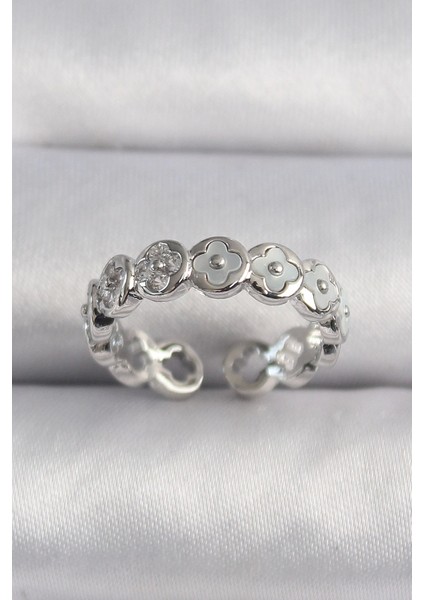 Bfs Pirinç Gümüş Renk Beyaz Sedefli Yonca Model Kadın Yüzük