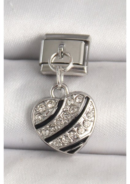 Bfs 316L Çelik Gümüş Renk Zirkon Taşlı Kalp Model Nomination Charm