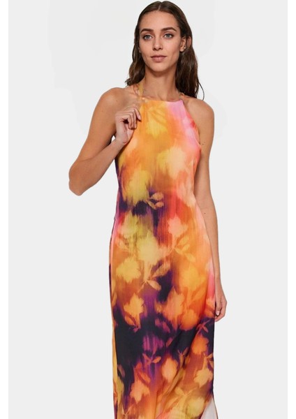 Halter Yaka Kolsuz Midi Elbise Soyut Desenli Dokuma Polyester Yazlık Şık Görünüm Uzun Ömürlü