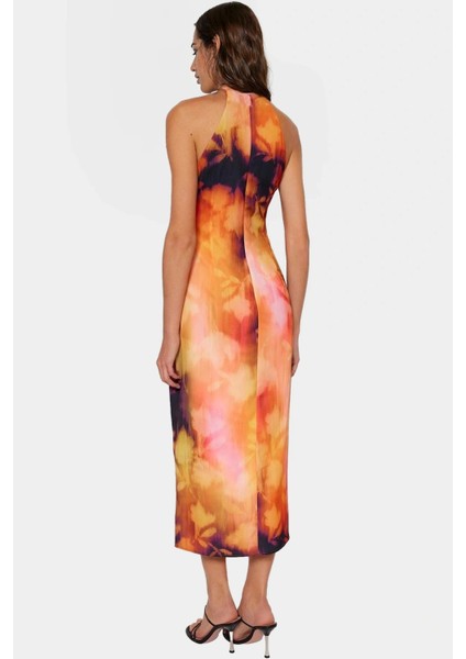 Halter Yaka Kolsuz Midi Elbise Soyut Desenli Dokuma Polyester Yazlık Şık Görünüm Uzun Ömürlü fiyatları