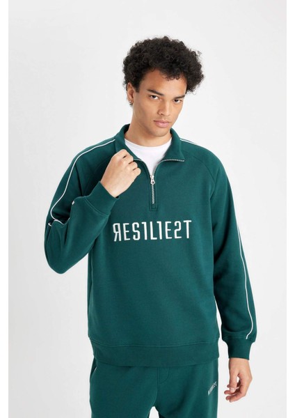 Boxy Fit Dik Yaka Fermuarlı Baskılı Sweatshirt D1782AX24WN