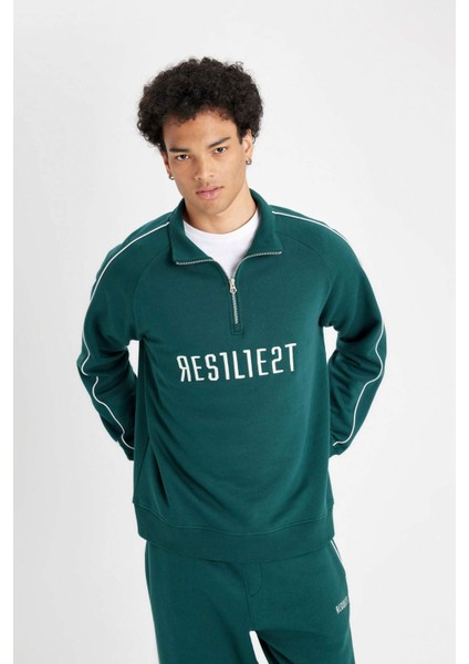 Boxy Fit Dik Yaka Fermuarlı Baskılı Sweatshirt D1782AX24WN