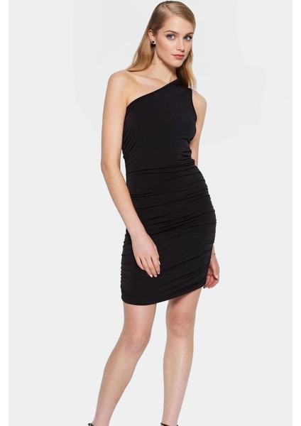 Asimetrik Yaka Mini Elbise Örme Kumaş Vücut Şekillendirici Kalem Seçkin Malzeme modelleri