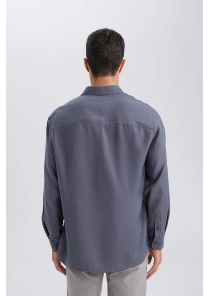 Relax Fit Polo Yaka Twill Modal Karışımlı Basic Düz Uzun Kollu Gömlek D3376AX24AU