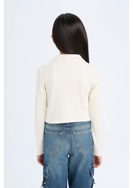 Kız Çocuk Cropped Fit Polo Yaka Basic Düz Fitilli Kaşkorse Uzun Kollu Tişört D3367A824AU