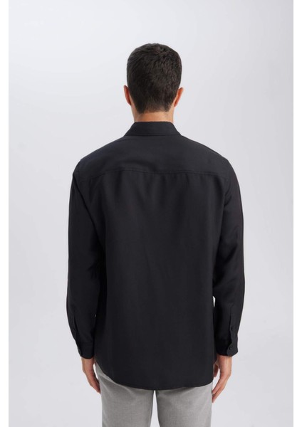 Siyah Relax Fit Polo Yaka Twill Modal Karışımlı Basic Düz Uzun Kollu Gömlek D3376AX24AU