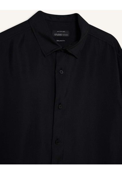 Siyah Relax Fit Polo Yaka Twill Modal Karışımlı Basic Düz Uzun Kollu Gömlek D3376AX24AU