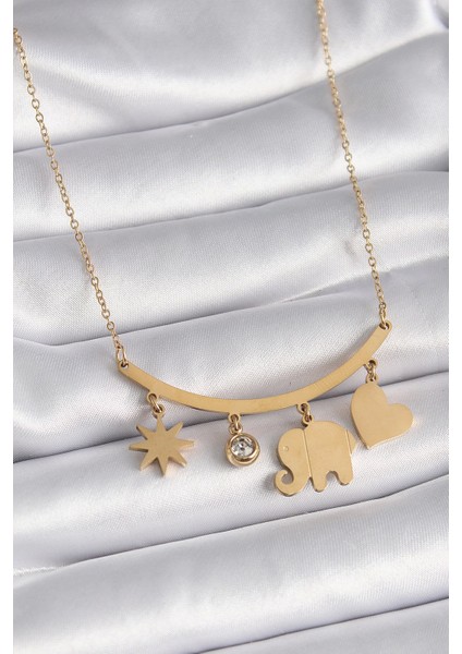 Bfs 316L Çelik Gold Renk Fil Figür Zirkon Taş Detay Kadın Kolye