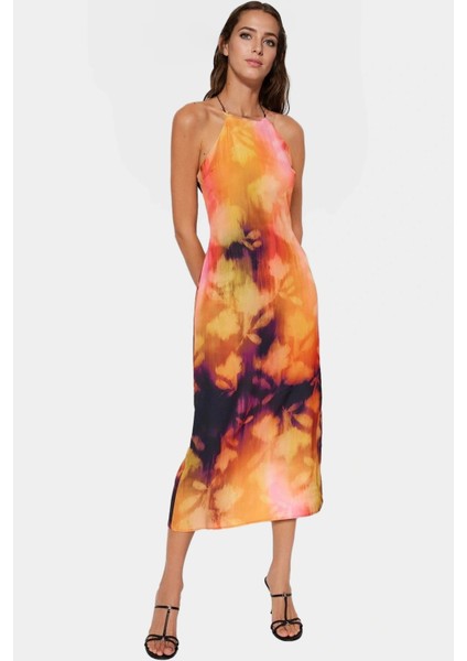 Halter Yaka Kolsuz Midi Elbise Soyut Desenli Dokuma Polyester Yazlık Şık Görünüm Uzun Ömürlü modelleri