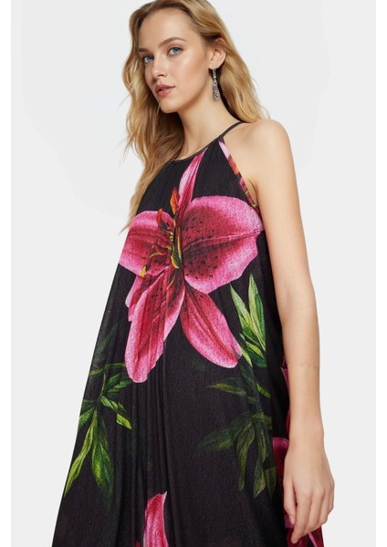 A Line Halter Yaka Maxi Elbise Örme Çiçekli Polyester Yazlık Uzun Ömürlü Modern Stil