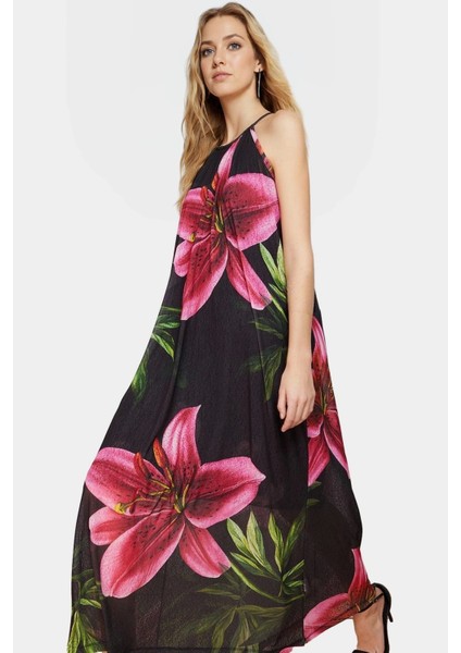 A Line Halter Yaka Maxi Elbise Örme Çiçekli Polyester Yazlık Uzun Ömürlü Modern Stil fiyatları