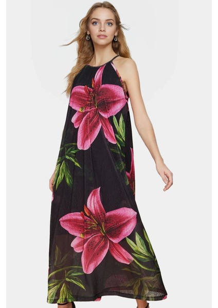 A Line Halter Yaka Maxi Elbise Örme Çiçekli Polyester Yazlık Uzun Ömürlü Modern Stil modelleri