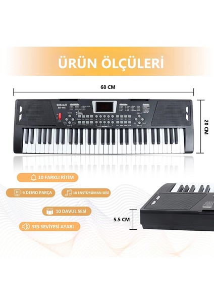 61 Tuşlu Elektronik Org Mikrofonlu Çocuk ve Başlangıç Için Keyboard Demolu Ritimli Piyano