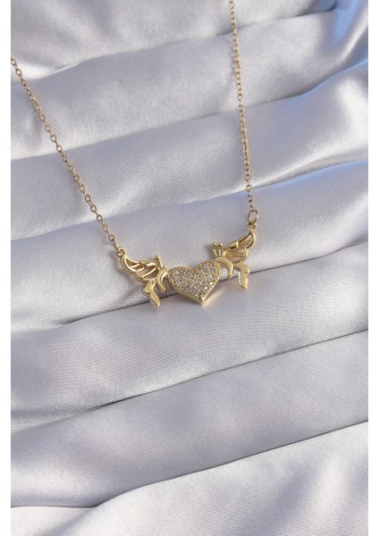 Bfs 316L Çelik Zincir Gold Renk Zirkon Taşlı Kalp Model Kelebek Detay Kolye