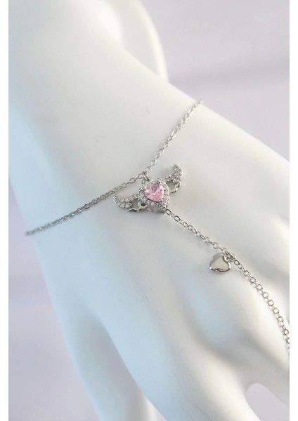 Bfs 316L Çelik Gümüş Renk Pembe Zirkon Taşlı Kanatlı Kalp Model Şahmeran fiyatları