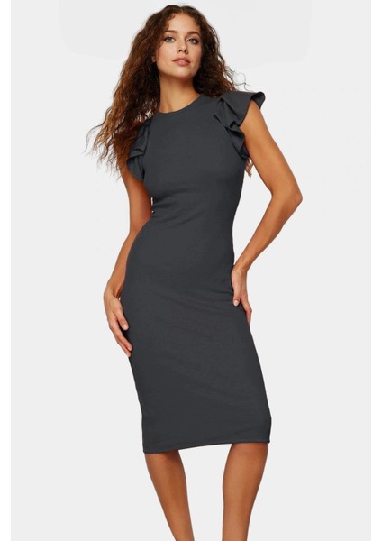 Pamuklu Bodycon Midi Elbise Renk Volanlı Detaylı Kadın Giyim Konforlu Kesim Dayanıklı Malzeme fiyatları