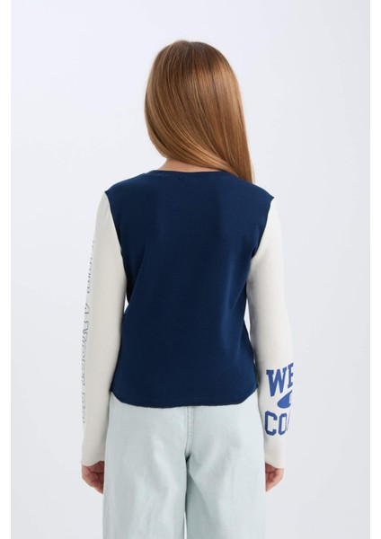 Kız Çocuk Cropped Fit Bisiklet Yaka Baskılı Fitilli Kaşkorse Uzun Kollu Tişört D3433A824WN