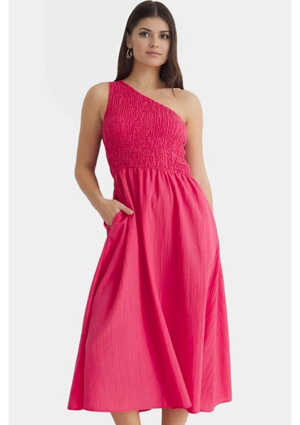 Asimetrik Yaka Midi Elbise Yazlık Şık Dokuma Modern Stil Dayanıklı Malzeme Uzun Ömürlü modelleri