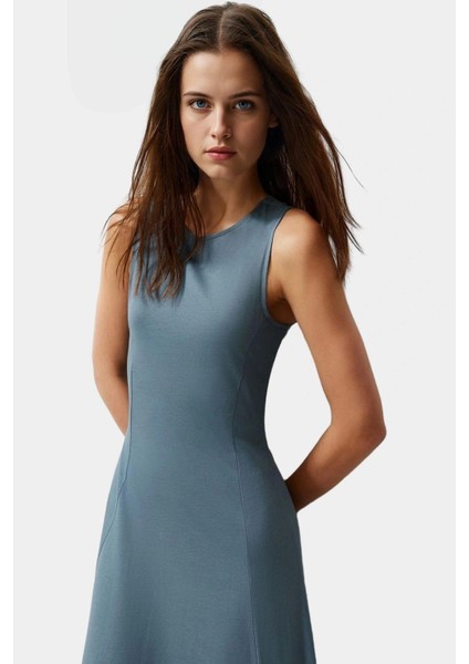 Pamuklu Midi Elbise Kolsuz Skater Bisiklet Yaka Rahat Yazlık Kullanım