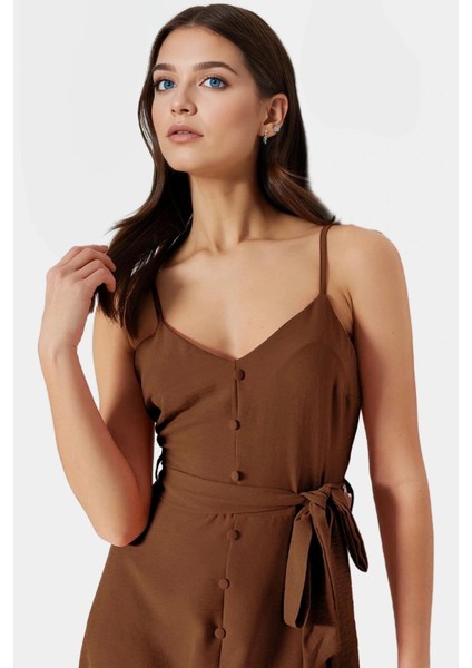 Yazlık A Line Kolsuz Maxi Elbise Aerobin Dokuma Kuşak Detayı Polyester Kumaş Trend Tasarım